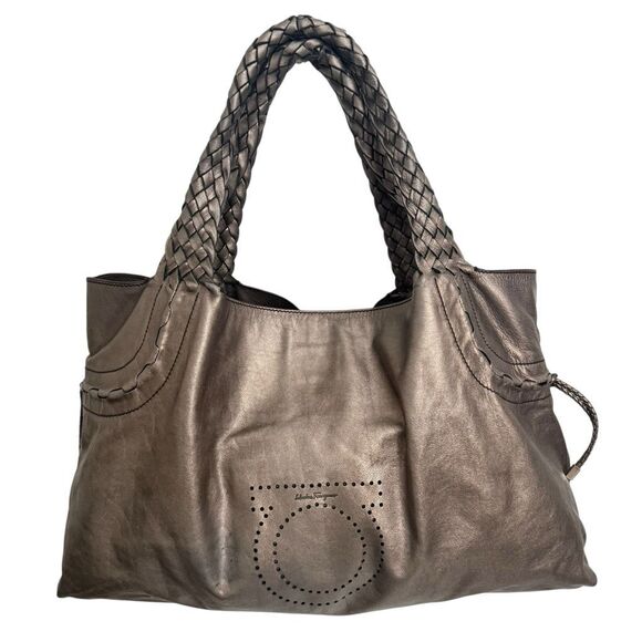 Salvatore Ferragamo Authentic Women's Metallic Gancini Leather Hobo Tote Bag - Picture 1 of 13